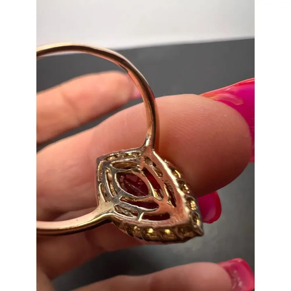 Marquis Ruby and white zircon halo ring in rose gold over sterling silver size 9 - Picture 9 of 11